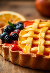 pie with fruit on top of it on a table