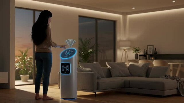 Woman interacting with smart futuristic home air purifier or assistant. Smart home device controlling indoor environment. Future technology footage.