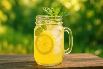Refreshing summer lemonade with mint and ice on a sunny day