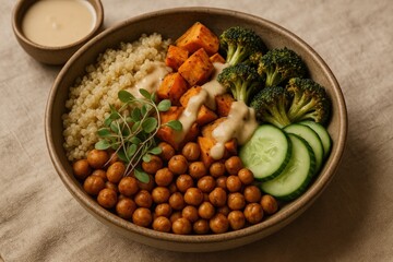 Delicious vegan buddha bowl with quinoa, roasted vegetables, and creamy dressing