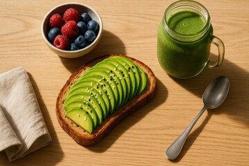 Gourmet breakfast delight with avocado toast and fresh smoothie for a simple morning meal