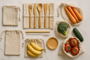 Zero waste kitchen organization with elegant natural materials and fresh produce