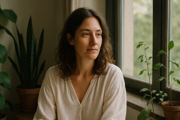 Serene natural portrait of a woman in a peaceful home setting