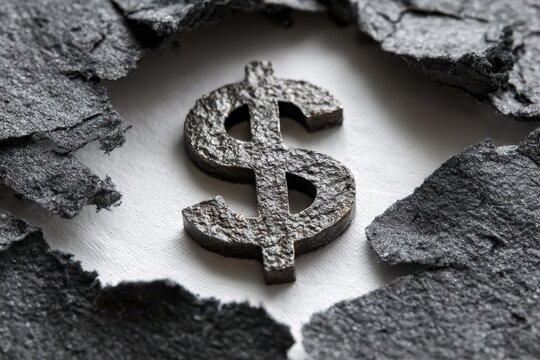 A textured dollar sign surrounded by broken pieces, symbolizing financial fragility, economic uncertainty, and the potential for collapse in challenging markets.