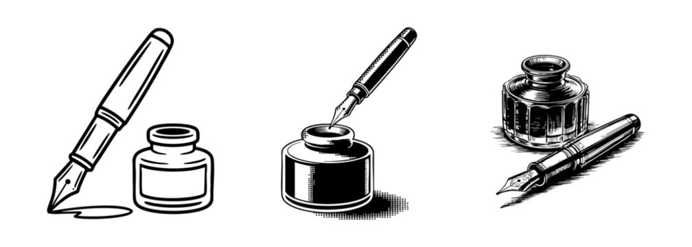 set of fountain pen and inkwell , vintage writing tool vector illustrations for calligraphy and classic stationery
