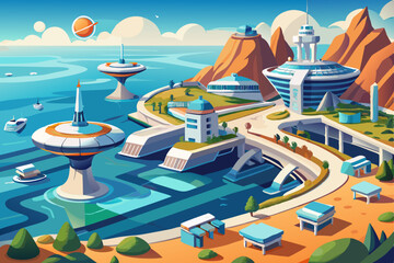 Cartoon isometric map illustration of a cruise ship traveling from a vibrant city to a summer beach