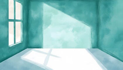 Fototapeta premium Teal room interior with window and sunlight.