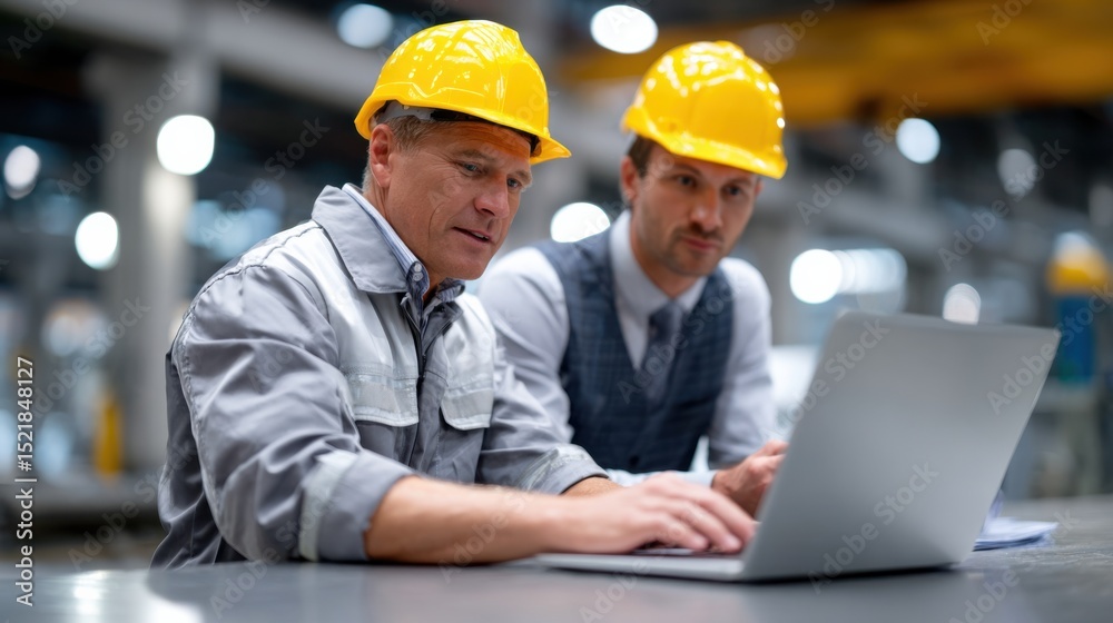 Poster Two Engineers in Hard Hats Working on a Laptop in a Factory, Illustrating Modern Collaboration and Industrial Innovation for Business Solutions : Generative AI