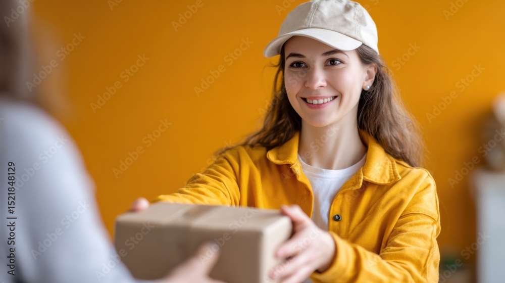 Poster smiling delivery woman in yellow jacket handing package to customer, representing e-commerce and cus