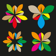 Colorful petal shape. Flower vector icon. Symmetrical abstract bloom. Black background form.
