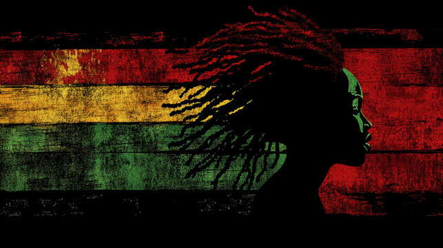 Silhouette of a black woman with long, flowing hair against a textured background of red, green, and yellow stripes. Represents Juneteenth and Black History Month themes.