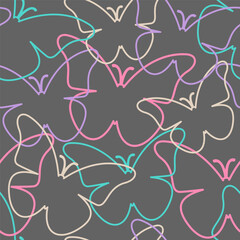 Abstract seamless butterflies lines pattern on gray background. Print silhouette for cover, wrapping, fabric, textile