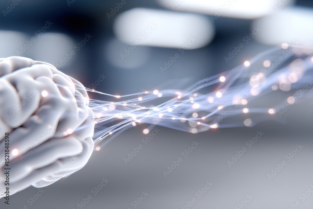 Poster Brain Model with Glowing Neural Connections, Symbolizing Artificial Intelligence and Cognitive Enhancement for Medical Innovation and Scientific Research : Generative AI