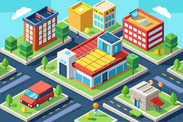 Vector isometric city with buildings, houses, and streets, featuring urban architecture and real estate designs, ideal for business and construction illustrations or town maps