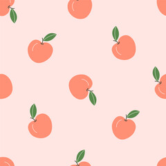 Seamless peach pattern on pink background. Vector illustration for printing. Background with food and drinks. Cute baby background for girls