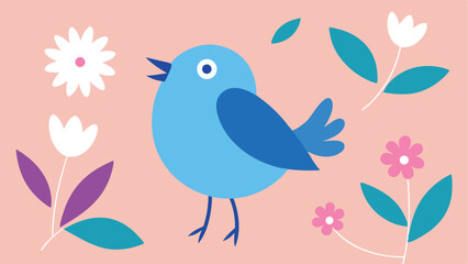 Obraz premium Playful blue bird surrounded by flowers and leaves in a simple vector illustration