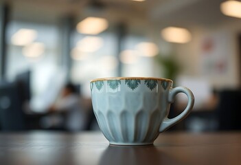 coffee cup sitting on top of a wooden table