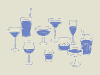 Collection of various cocktail and drink glasses filled with blue beverages. Minimal hand-drawn style, perfect for bar menus, drink guides, posters, and mixology designs.