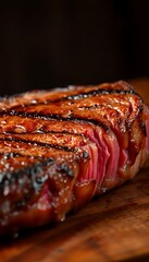 close up of a piece of meat on a cutting board
