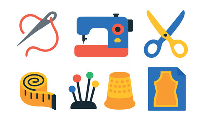 Fototapeta premium Flat vector icons of sewing essentials: needle and thread, sewing machine, buttons, fabric scissors, measuring tape, pins, thimble, pattern paper.