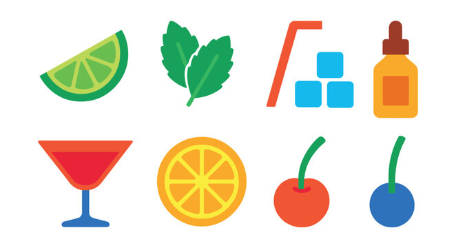 Flat vector icons of cocktail ingredients: lime wedge, mint leaves, ice cubes, straw, cocktail glass, lemon slice, cherry, bitters bottle.