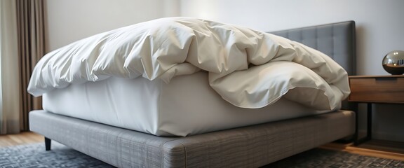 bed with a white comforter on top of it