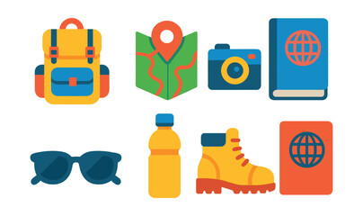 Flat vector icons of travel essentials: backpack, map, camera, travel guide, sunglasses, water bottle, hiking boots, passport.
