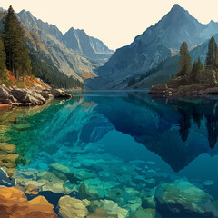 Serene mountain lake reflecting peaks and trees in tranquil nature