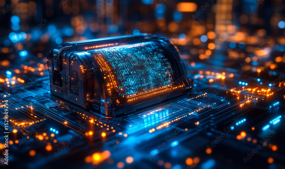 Poster futuristic digital data storage device glowing with blue and orange light on circuit board backgroun