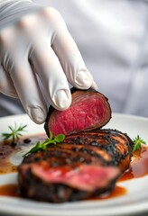person in white gloves is putting sauce on a piece of meat
