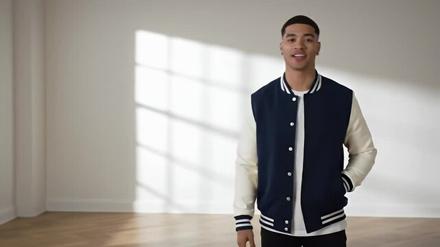 Confident Man in Stylish Varsity Jacket  A Portrait of Modern Masculine Style and Effortless Cool