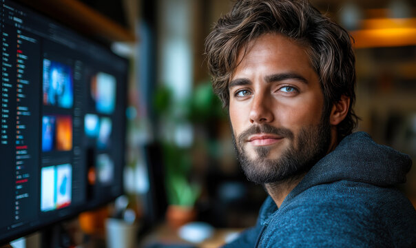 Closeup portrait of confident young bearded man working on digital creative project using computer multiple screens office environment