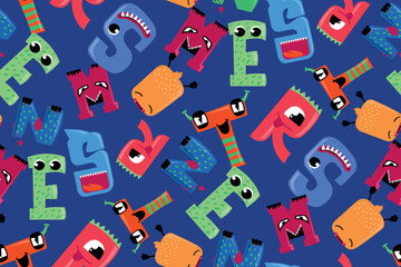 Seamless pattern with cartoon monster letters on dark blue background. Colorful playful alphabet characters with funny faces and expressions. Perfect for kids textiles, wrapping, or stationery.