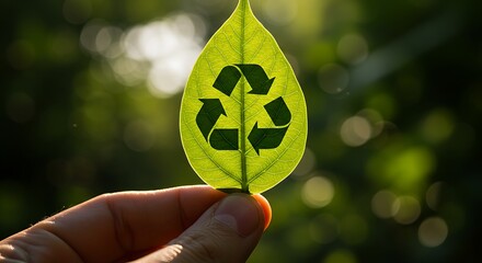 A fresh green leaf with a recycling symbol, representing sustainability and eco-conscious living.  