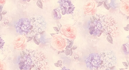 Elegant Pastel Floral Pattern Seamless Texture with Roses and Hydrangeas