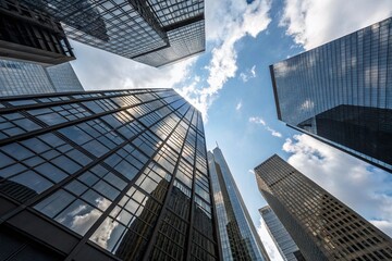 Soaring Modern Skyscrapers with Sleek Glass Facades Against a Clear Blue Sky, Embodying Corporate Power and Urban Development