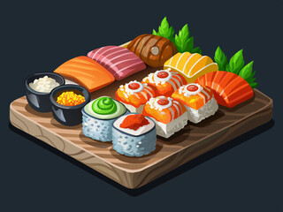 vector of A selection of premium omakase sushi on a black slate with dramatic side lighting highlights colors and textures.