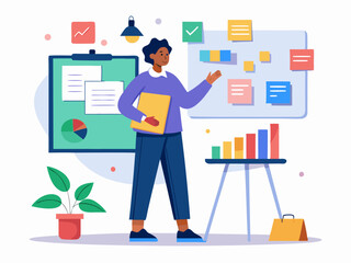 Professional team member presenting ideas on whiteboard filled with sticky notes and charts