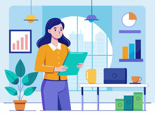 Female office worker examining finance charts in a clean and modern business space