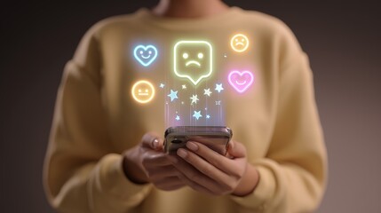Hands holding a smartphone with glowing neon emoticons floating above, expressing a range of emotions in vibrant colors against a blurred background.