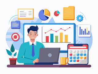 Fototapeta premium Financial analyst reviewing data reports and business charts on desktop computer with calculator