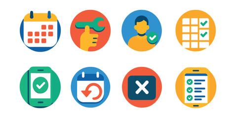 Flat vector icons of mobile booking apps in circular style: date selector, service type icon, provider profile, availability grid, confirmation screen, reschedule icon, cancel button, booking history