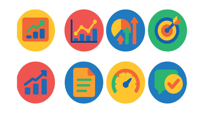 Flat vector icons of company dashboard elements in circular style: revenue widget, active users graph, traffic overview, conversion tracker, growth indicator, report icon, performance meter, status