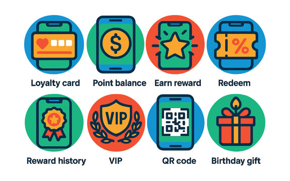Flat vector icons of mobile loyalty apps in circular style: loyalty card, point balance, earn reward, redeem offer, reward history, VIP badge, scan QR, birthday gift.