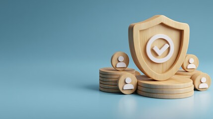 3D wooden shield with a checkmark symbolizing security and trust surrounded by user icons on wooden platforms against a light blue background