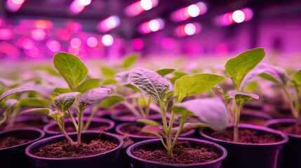 Young green seedlings in small pots thrive under vibrant pink and purple LED grow lights in a controlled indoor nursery environment promoting optimal plant growth.