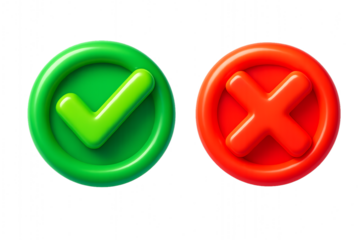 3d green checkmark and red cross symbols isolated on a white background