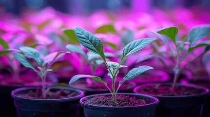 Small green potted plants sit in black containers filled with soil against a vibrant purple and pink blurred floral background creating a lively and colorful atmosphere