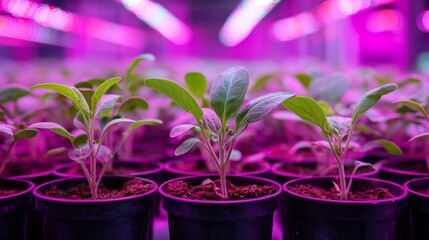 Small green plants thrive under vibrant purple-pink grow lights in a controlled indoor nursery setting, showcasing healthy development and attentive cultivation.