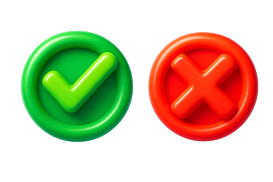 3d green checkmark and red cross symbols isolated on a white background